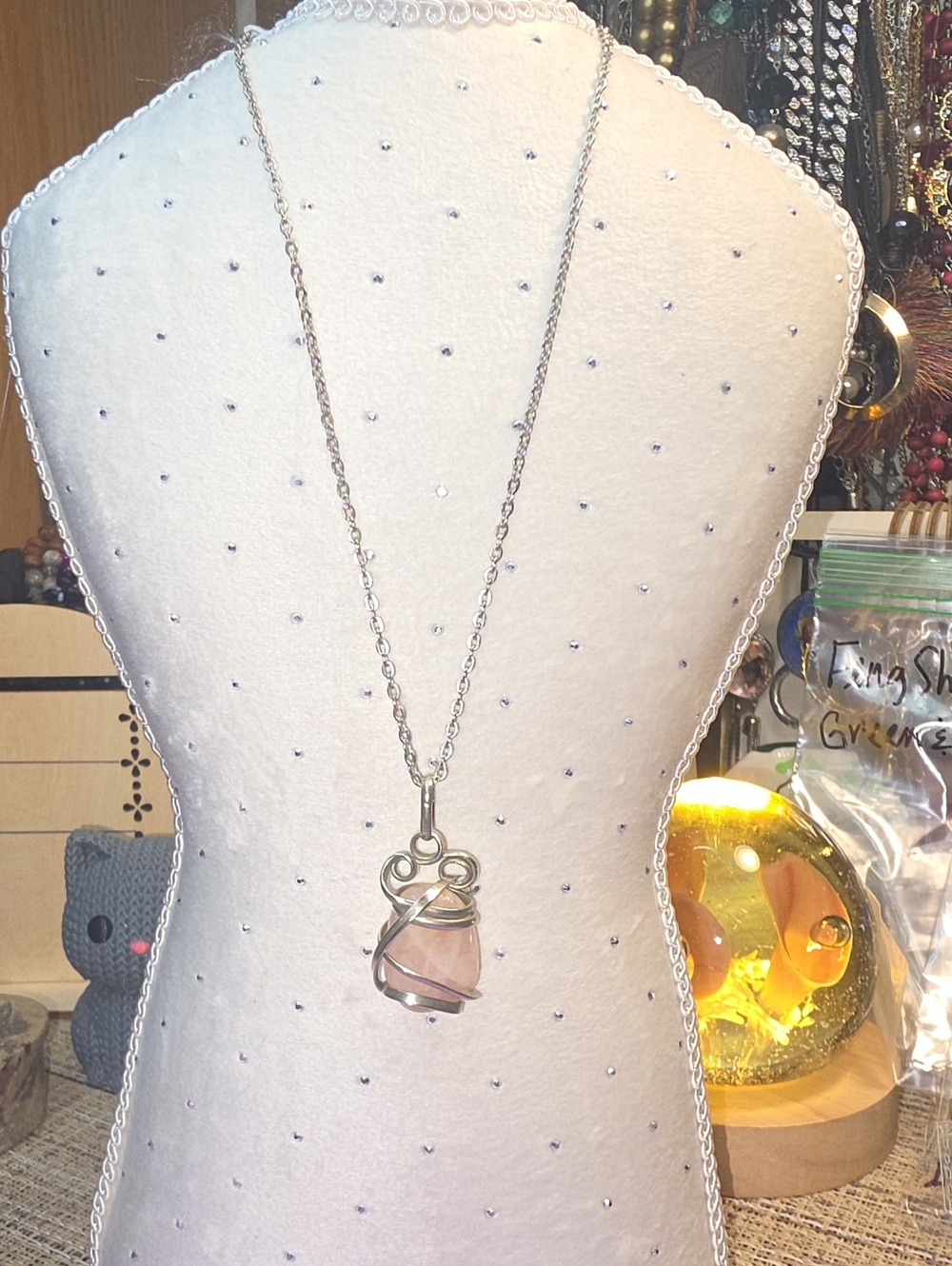 Handcrafted Silver Wire Rose Quartz Pendant Necklace - Pink